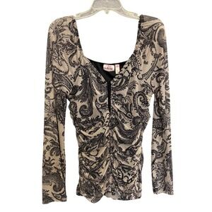 Willow + Root Whimsigoth Romantic Mesh Top Tan Black Paisley Festival Lace Up XL